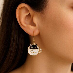 Cats and Coffee Dangle Earrings in Coffee Tea Cup White Black 1.57"  Drop New